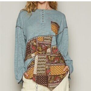 POL Oversized Patchwork Long Sleeve Shirt Sz M Boho Hippie Peasant Lagenlook